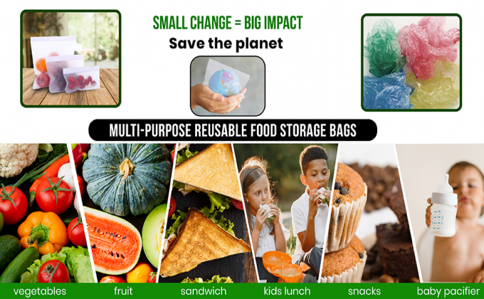 PEVA, silicone, sacos Resealable do alimento do congelador do armazenamento reusável, recipiente hermético do almoço do Zip lockk da prova do escape 6