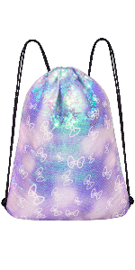 Saco de cordão reversível Sequin+butterfly iridescente claro da lantejoula