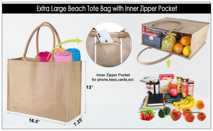 Bolso interno do zíper de Tote Bag Full Gusset With da juta de Tote Bags Bulk Laminated Interior de serapilheira, DIY Art Crafts 1